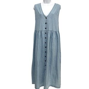 Vintage 90s PB Michaels Denim Jumper Dress L Blue Button Front Cottagecore Midi